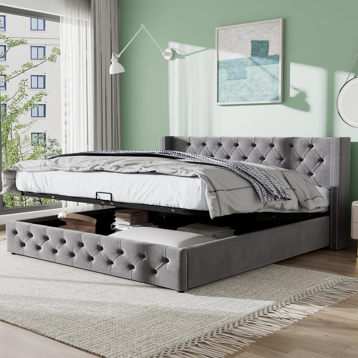 POLSTERBETT 160/200 cm grau mit hydraulischem Bettkasten und Chesterfield-Design - Grau, Textil (160/200cm) - OKWISH