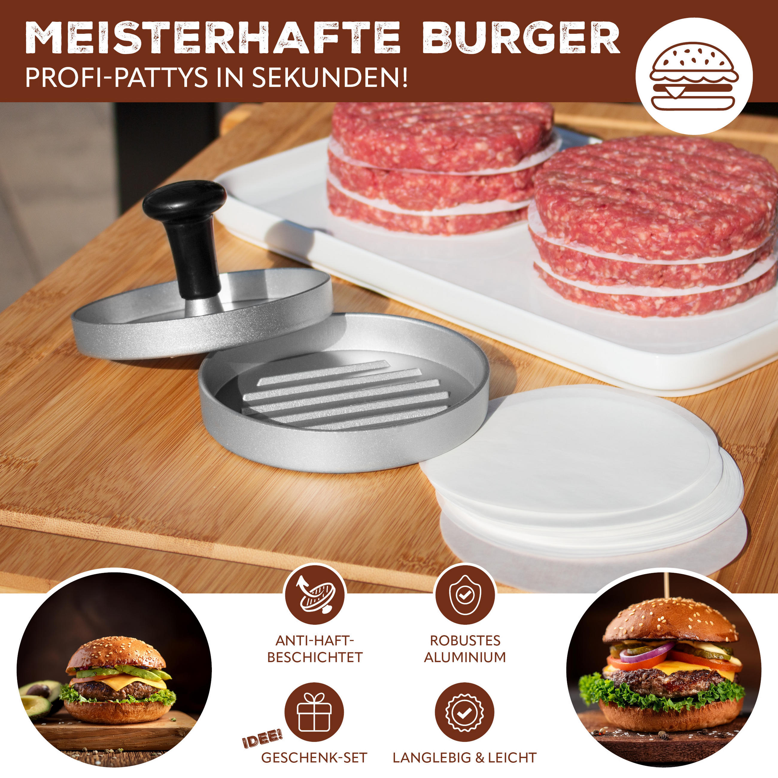 BURGERPRESSE, silber, Aluminium 50x Antihaft-Trennblätter - Alufarben, Metall (12/7.5/12cm) - bremermann