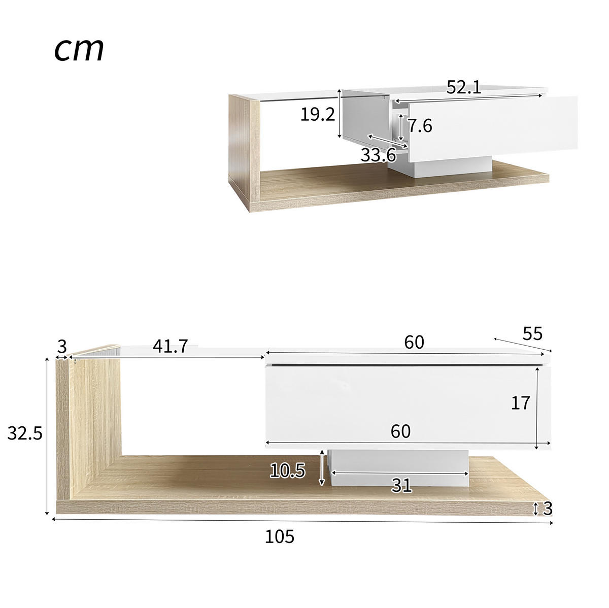 COUCHTISCH aus Spanplatte 105x55x32,5 cm in Natur mit LED-Beleuchtung - Naturfarben, Holzwerkstoff (105/55/32.5cm) - Modfu