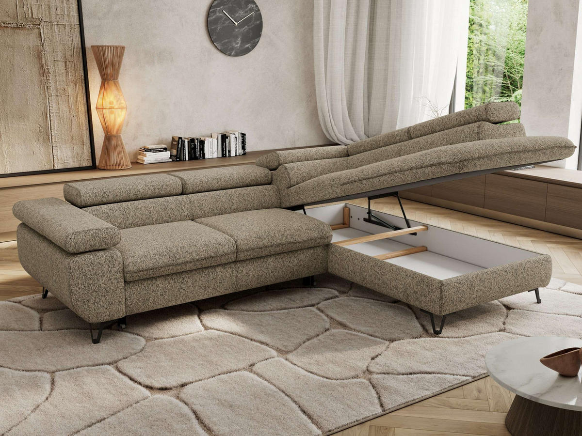 ECKSOFA PABLO L Dunkelbeige Struktur - Rechts Seite mit Visco Topper - Greige/Schwarz, Textil/Metall (273/208cm) - MKS