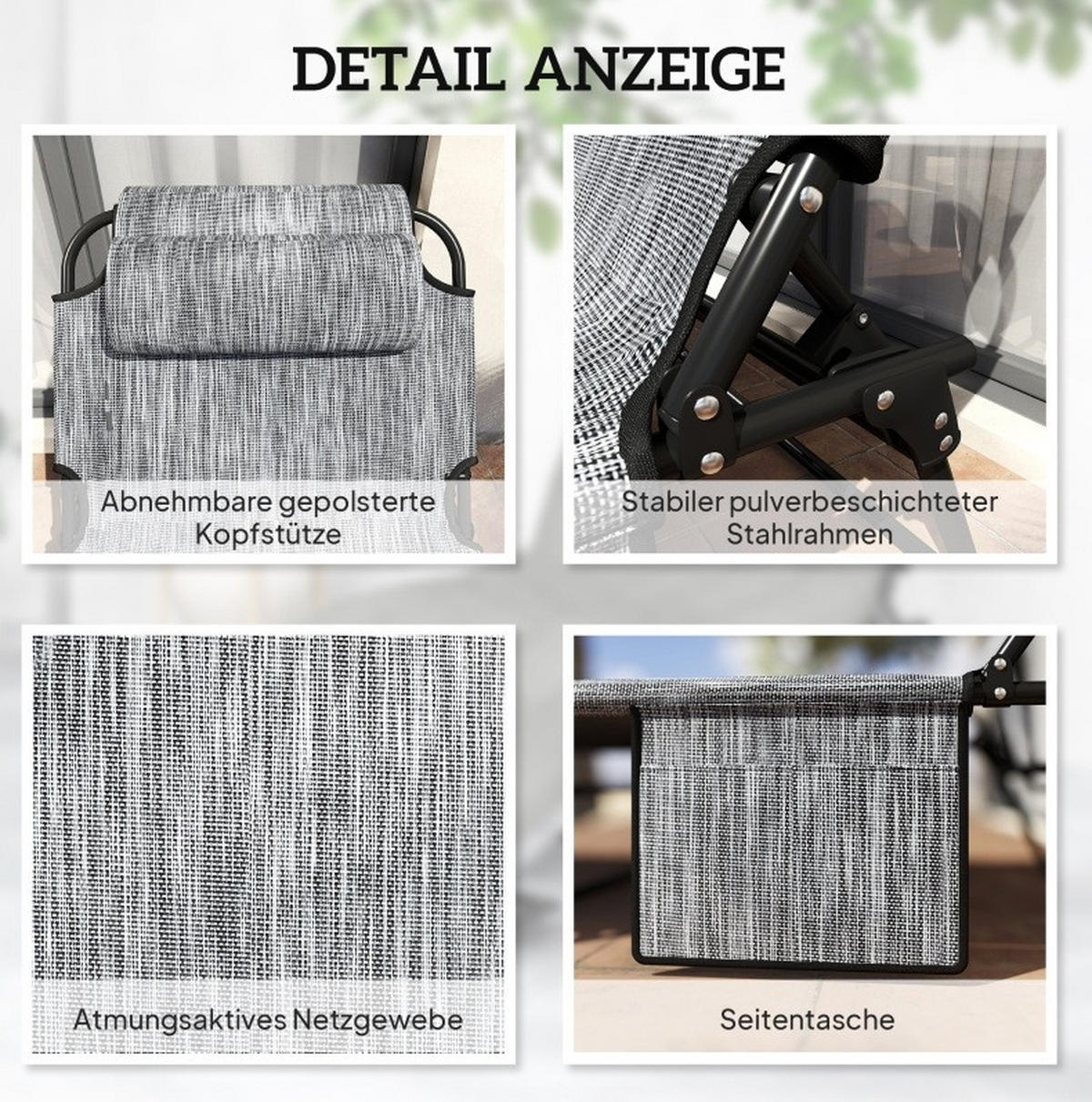 SONNENLIEGE aus Polyester 68x189x30 cm Grau klappbar mit 4-fach verstellbarer Rückenlehne, Kopfstütze und Seitentasche - Grau, Kunststoff (189/33/68cm) - Modfu