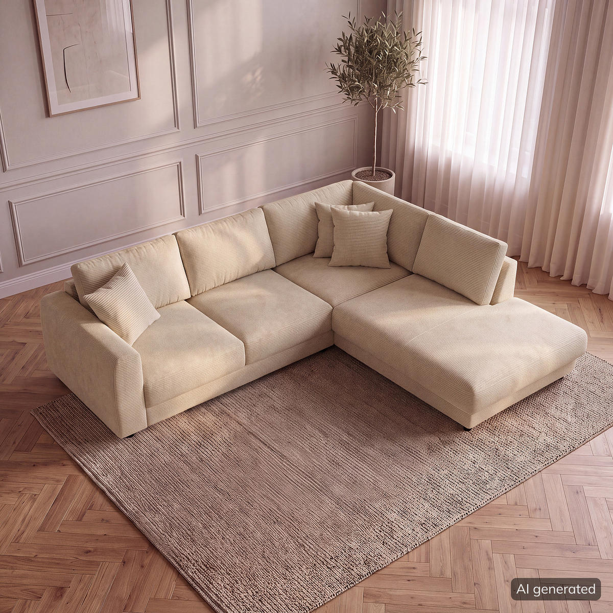 ECKSOFA mit Ottomane - Beige/Schwarz, Holz/Kunststoff (267/254cm) - home24