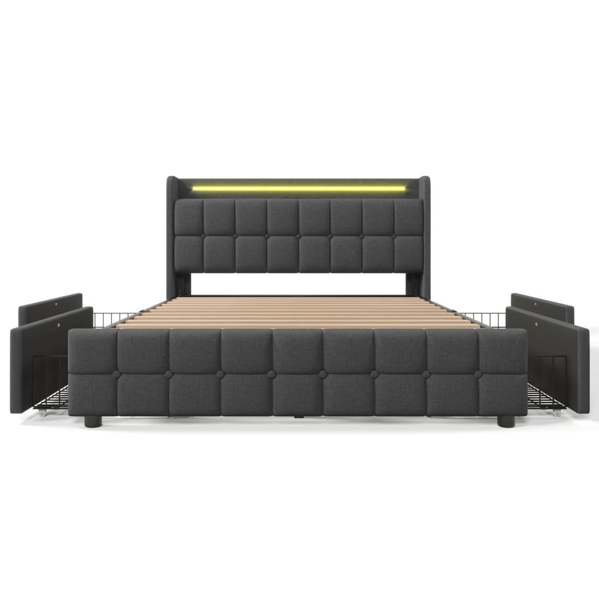 POLNJENA postelja iz lesa in platna 180x200 cm siva z LED osvetlitvijo, USB priključki, vtičnicami in 4 predali - siva, leseni material (180/200cm) - Modfu