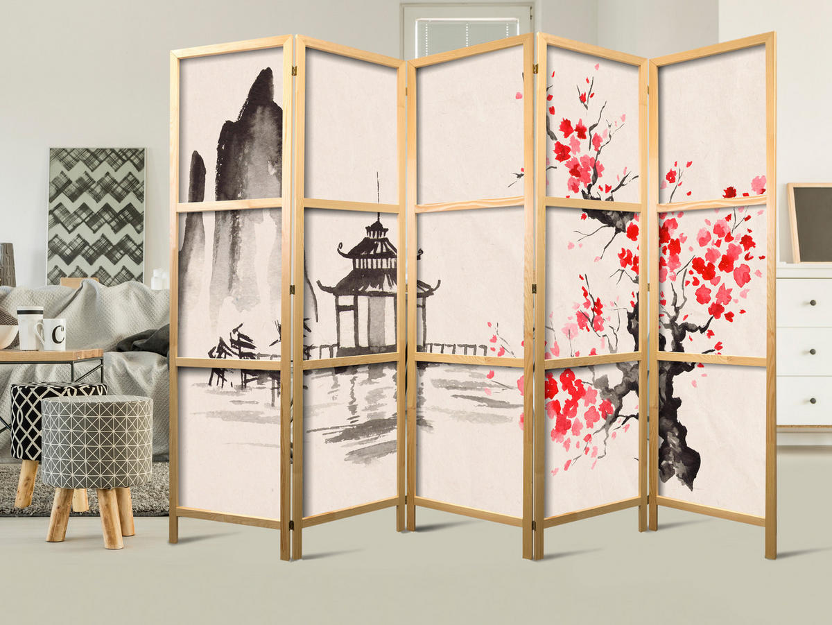 PARAVENT Japanischer 5-tlg 225x172 cm Aquarell Sakura Tempel - Beige, Holz/Textil (225/172/3cm) - Muralo