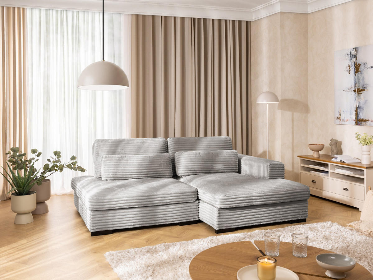 ECKSOFA Wolke mit tiefer Sitzfläche, Schlaffunktion und praktischem Bettkasten aus weichem Taupe Cordstoff - Taupe/Schwarz, Holz/Kunststoff (225/162cm) - S-Style