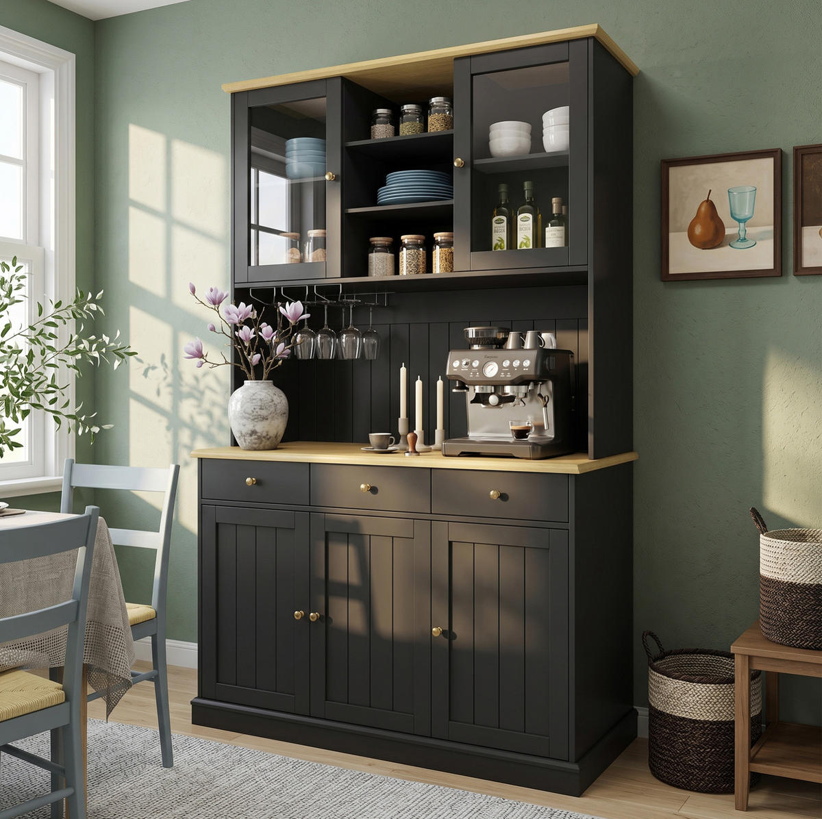 BUFFETSCHRANK aus Spanplatte 120x40x191 cm Schwarz mit Glastüren, Gläserhalter und Steckdosen - Schwarz, Holzwerkstoff (120/191/40cm) - IVMEU