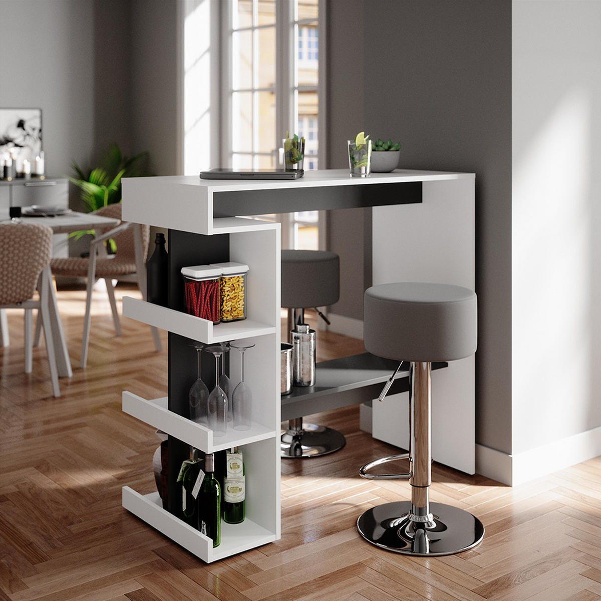 BARTISCH-SET Dana Weiß 108 x 50 cm mit 2 Barhockern - Anthrazit/Weiß, Holzwerkstoff (108/103/50cm) - Vicco