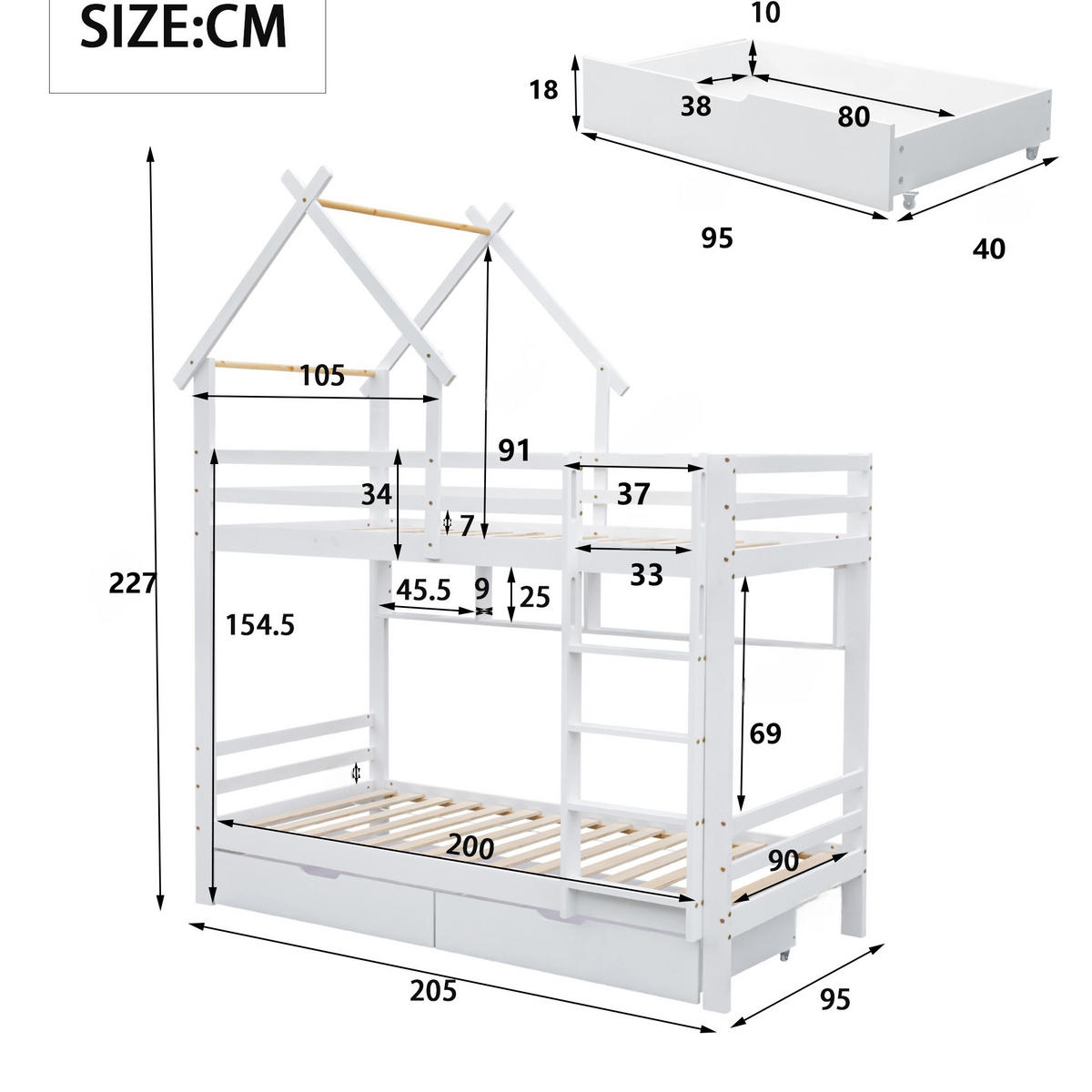 ETAGENBETT 90/200 cm Weiß mit Schubladen und Regalen aus Kiefernholz - Weiß, Holzwerkstoff (90/200cm) - OKWISH