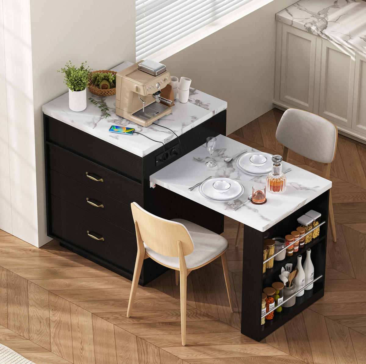 KUCHYŇSKÝ ostrůvek 125,5–187,5/71/93 cm černý z MDF s LED osvětlením a výsuvnou deskou - černá, kompozitní dřevo (125.5/93/71cm) - OKWISH