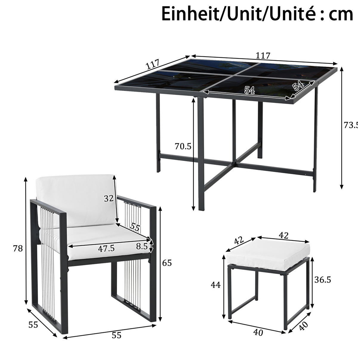LOUNGEGARNITUR 117/117 cm Schwarz/Weiß aus Metall mit Hartglas 7er Set - Schwarz, Metall - OKMYHOME