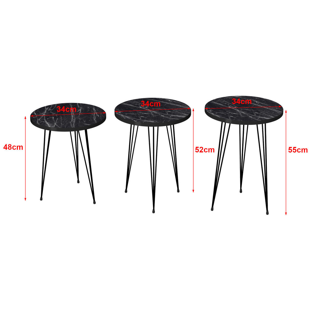 SATZTISCH Ry im 3er Set - Schwarz, Metall (34/34/55cm) - [en.casa]