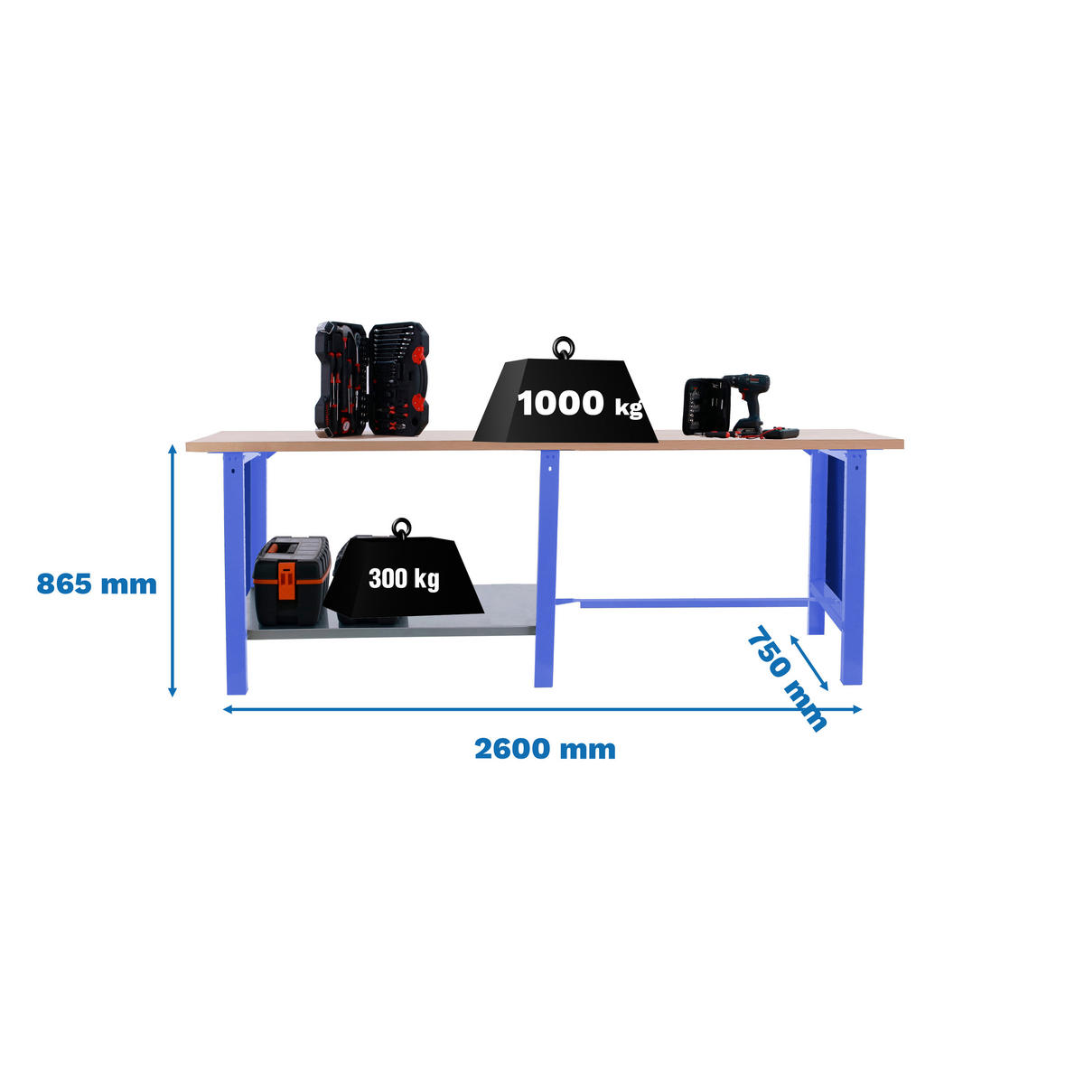 WERKBANK Buffalo Wood HxBxT 86,5 x 260 x 75 cm Traglast 1000 kg Blau - Blau, Metall (260/86.5/75cm) - PROREGAL
