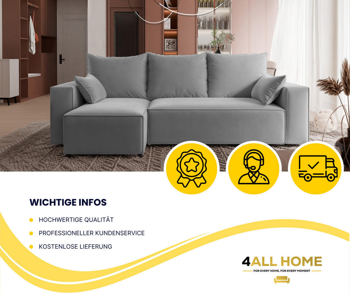 ECKSOFA Tobi mit Bettkasten und Schlaffunktion, L-Form, Velourstoff, Universal - Grau, Holzwerkstoff (246/145cm) - 4ALL HOME