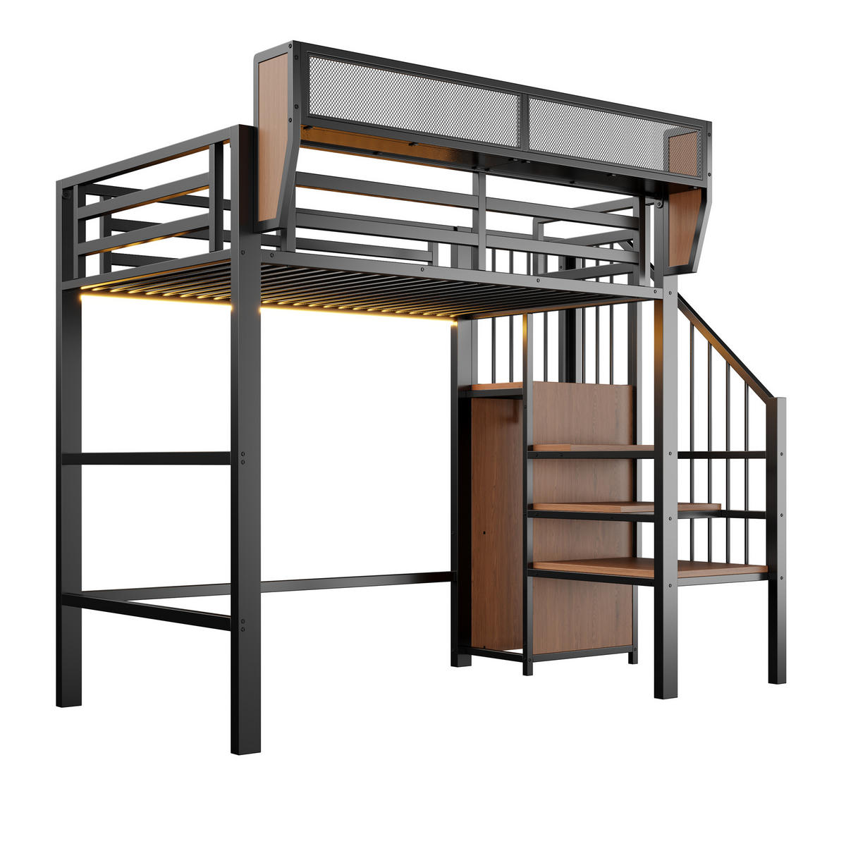 HOCHBETT 90/200 cm in Schwarz mit LED, Sicherheitsleiter und Stauraum - Schwarz, Holzwerkstoff/Metall (90/200cm) - WISHDOR