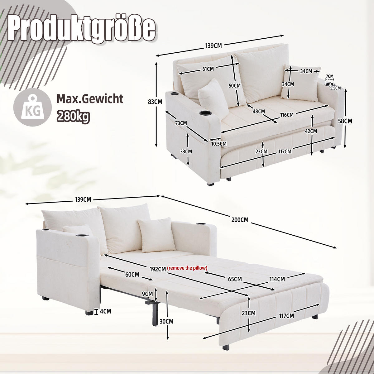 SOFA klappbar mit 4 Kissen und USB-Ladefunktion Chenille Beige 139/83/58 cm - Beige, Textil (139/83/73cm) - OKWISH