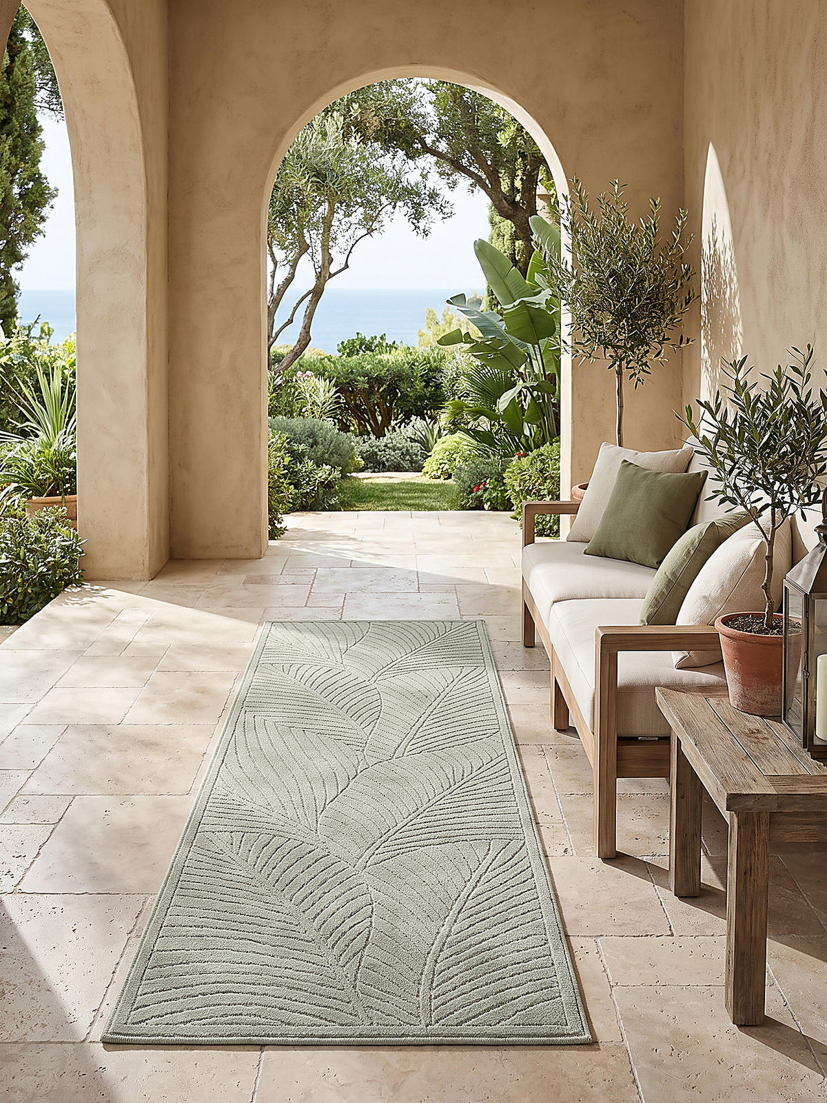 LÄUFER Outdoor, Fußbodenheizung-geeignet, mit Blattmotiv, ENGADIN in Salbeigrün, 80 x 250 cm - Grün, Textil (80/250cm) - KADIMA DESIGN
