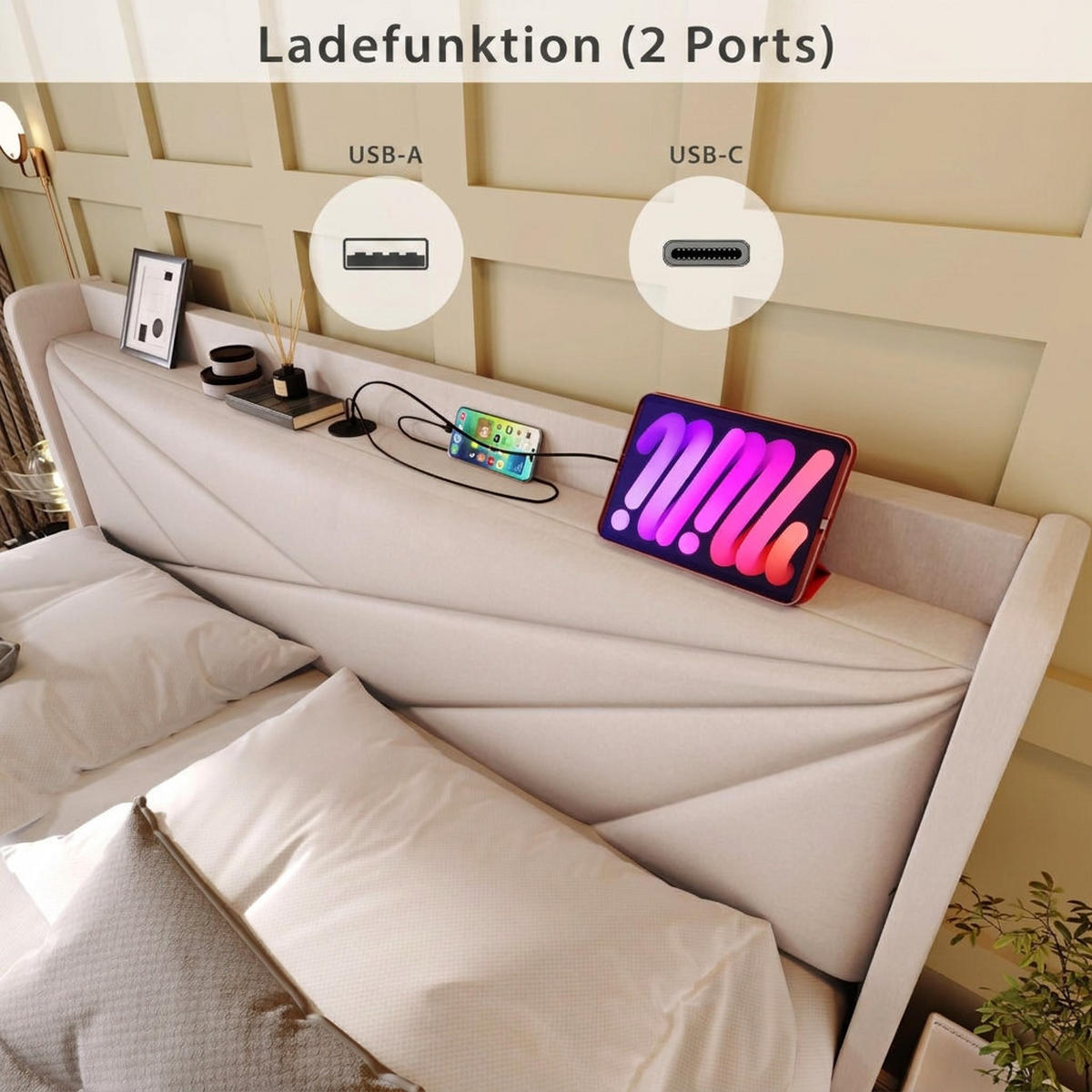 POLSTERBETT 180/200 cm Beige mit USB Typ C Ladefunktion und Stauraumbetten (Ohne Matratze) - Beige, Textil (180/200cm) - Oxeza