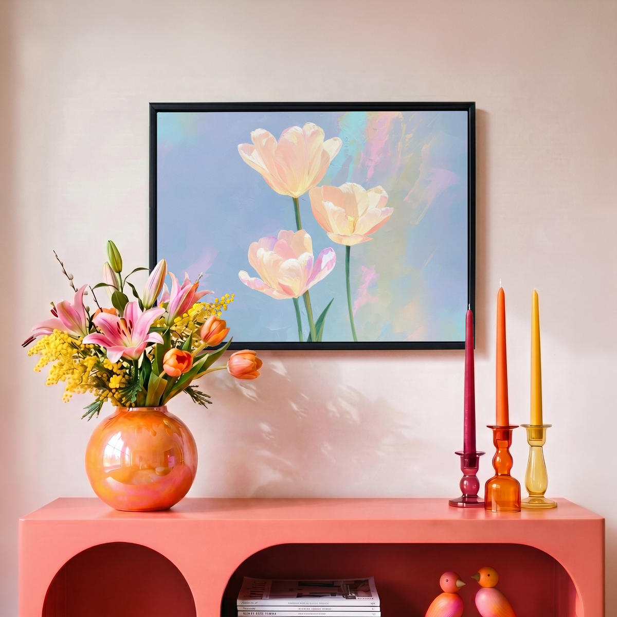 LEINWAND Bilder mit Rahmen - Tulpen - Rosa Akzente - Blau - 40x30 - Pastellblau, Textil (40/30cm) - MuchoWow