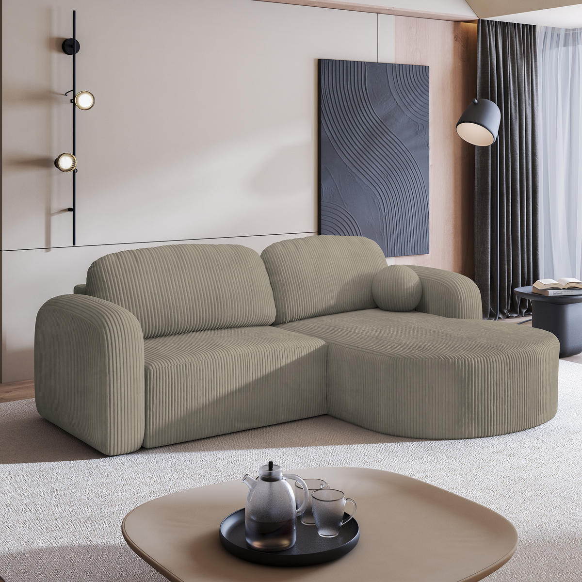 ECKSOFA AMILIA P R-S Beige Kordstoff mit Schlaffunktion - Beige, Holz (263/174cm) - MASSENO