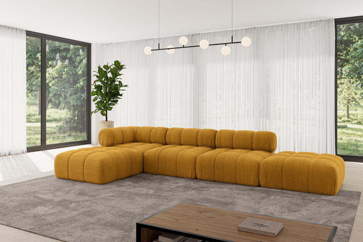 ECKSOFA modulares Sofa Kerru-L2 - 380x190x70 cm Senfgelb Cord - Currygelb, Holzwerkstoff/Textil (380/190cm) - ALTDECOR