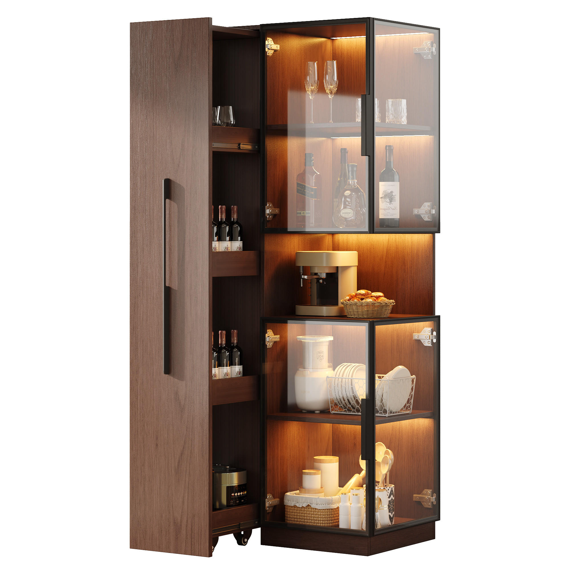 VITRINE 70cm Walnuss Glas LED Ausziehregal modern - Braun, Holzwerkstoff (70/160/38cm) - FLIEKS