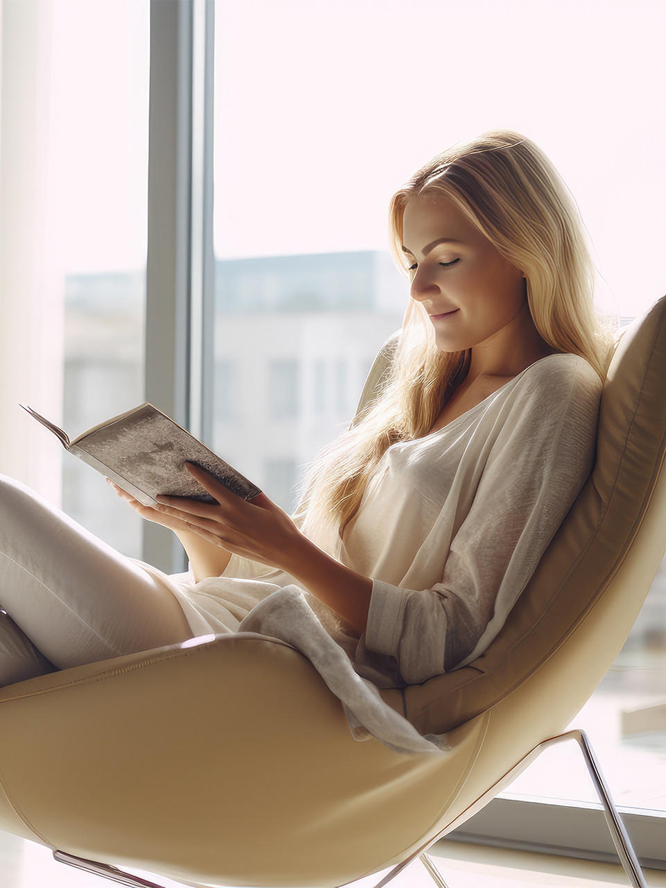 Frau liest Buch auf einem Sessel in der Nähe des Fensters zu Hause