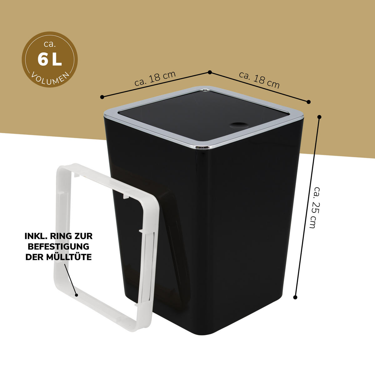KOSMETIKEIMER SAVONA 6 Liter, schwarz - Schwarz, Kunststoff (19/24.5/18cm) - bremermann