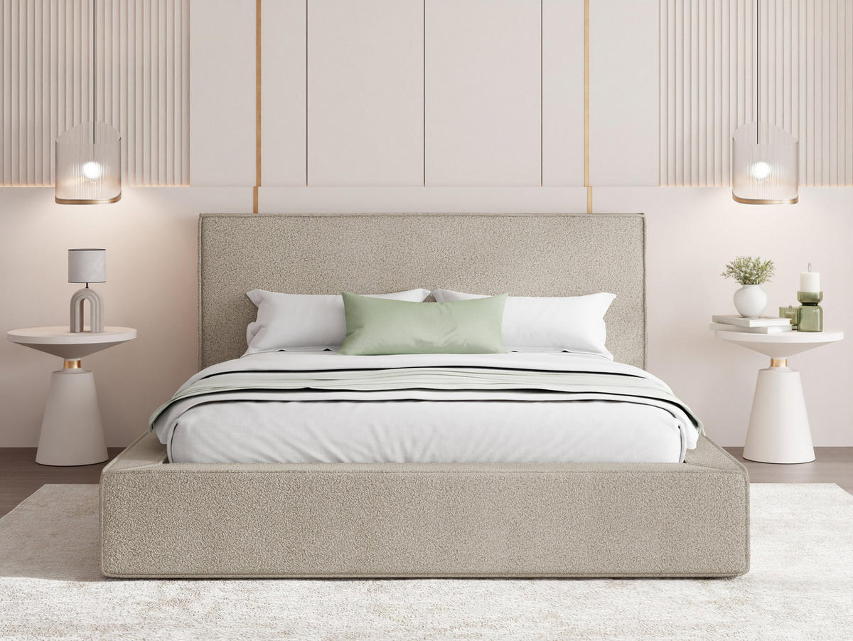 POLSTERBETT Merlin mit Bettkasten, Metall-Lattenrost & hohem Kopfteil in Beige Boucle 140x200 cm - Beige/Birkefarben, Kunststoff/Textil (140/200cm) - WFL GROUP