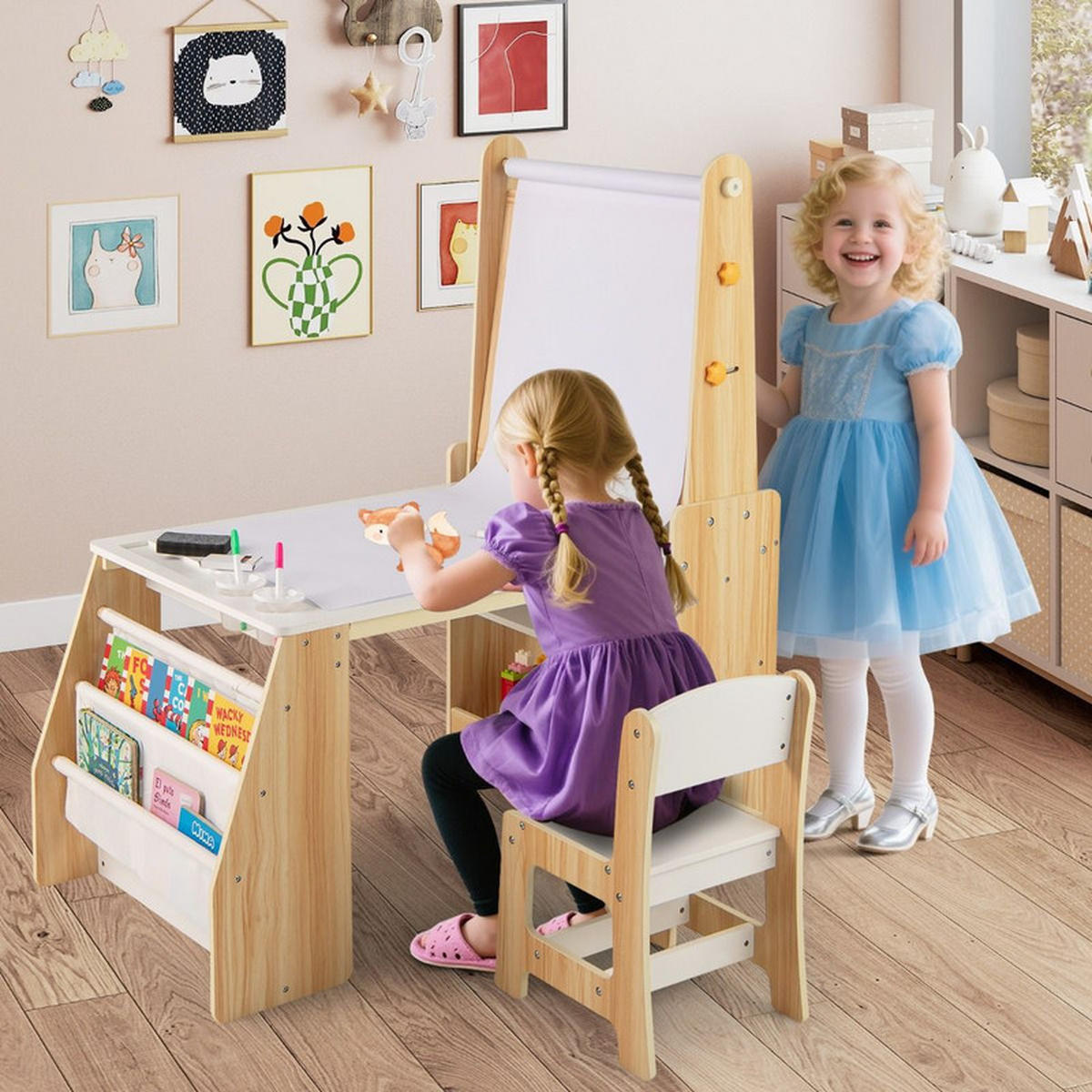 KINDERTISCHSET aus Holz natur(2-tlg) - Naturfarben, Holzwerkstoff (101/112/59cm) - COSTWAY
