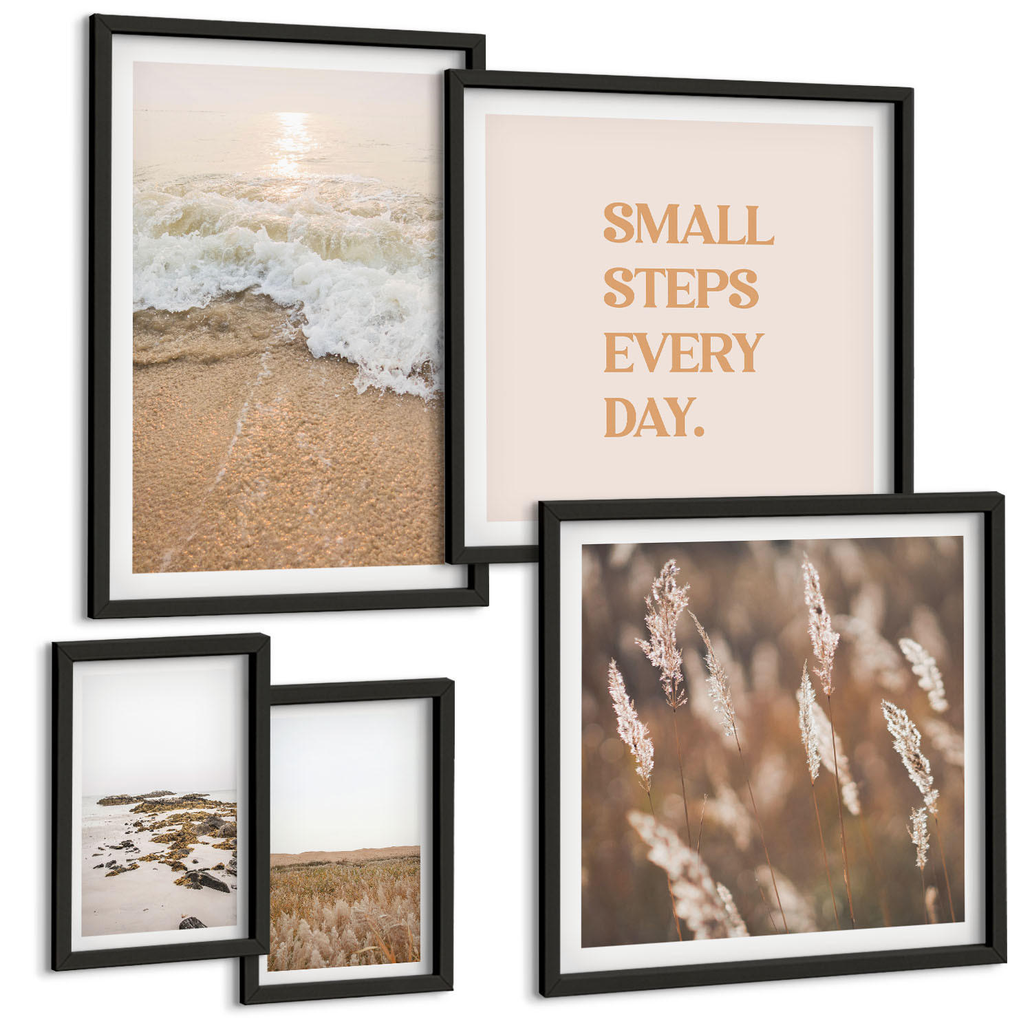 BILDER SET 5er Set - 50x50 cm & 20x30 cm & 40x60 cm Schwarzer Rahmen - Strandwellen, Steine, Sommer - Schwarz, Kunststoff (40/60cm) - TULUP