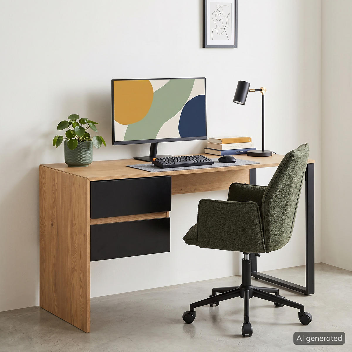 BÜRODREHSTUHL - Bouclé / Eisen - Schwarz/Olivgrün, Textil/Metall (57/85/62cm) - home24
