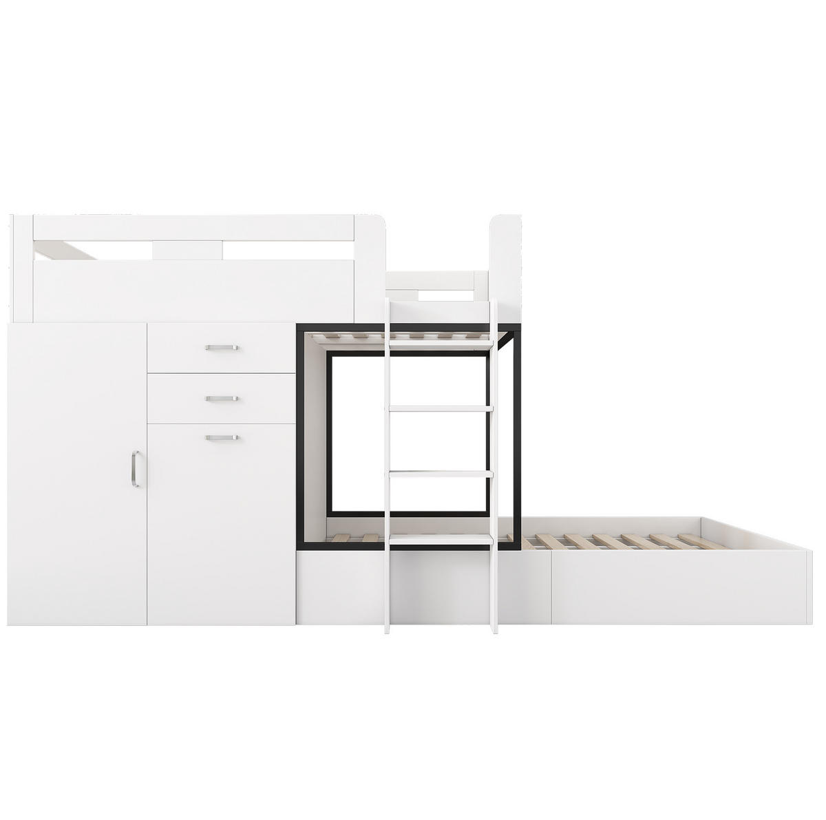 ETAGENBETT 90/200 cm mit ausziehbarem Schreibtisch, Garderobe, Schubladen und Regalen aus MDF, Weiß, Schwarz - Weiß, Holzwerkstoff (90/200cm) - Redom