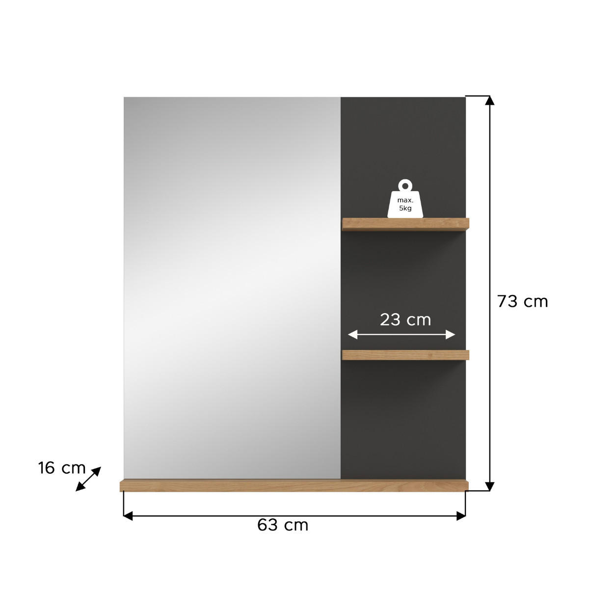 SPIEGEL mit 3 Ablagen in Eichen- und Grau-Optik 16/73/63 cm - Eschefarben, Holzwerkstoff (16/73/46cm) - Calicosy