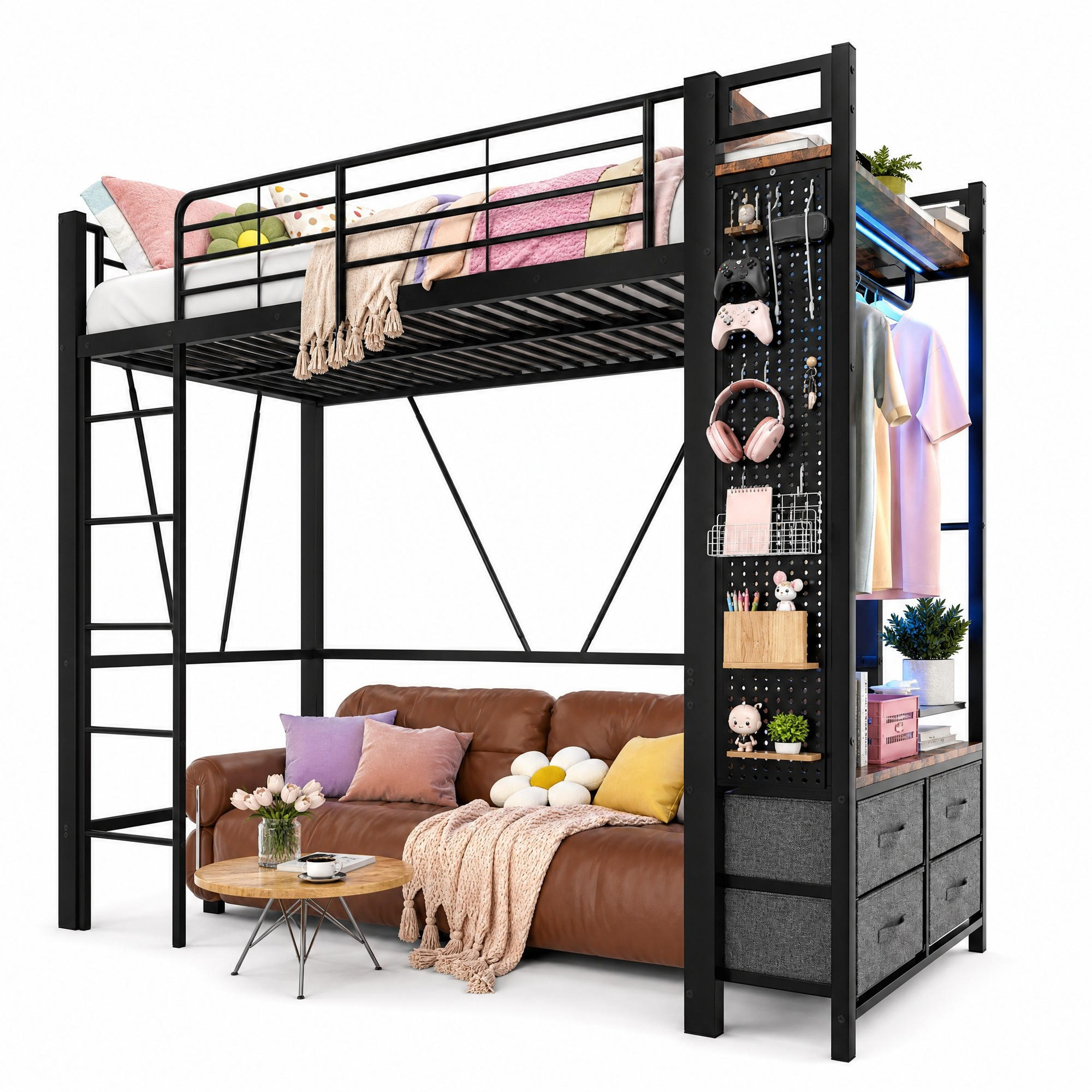 HOCHBETT 90/200 cm in Schwarz mit 4 Schubladen, LED und USB/Type-C - Schwarz, Holzwerkstoff/Metall (90/200cm) - CHICFURN