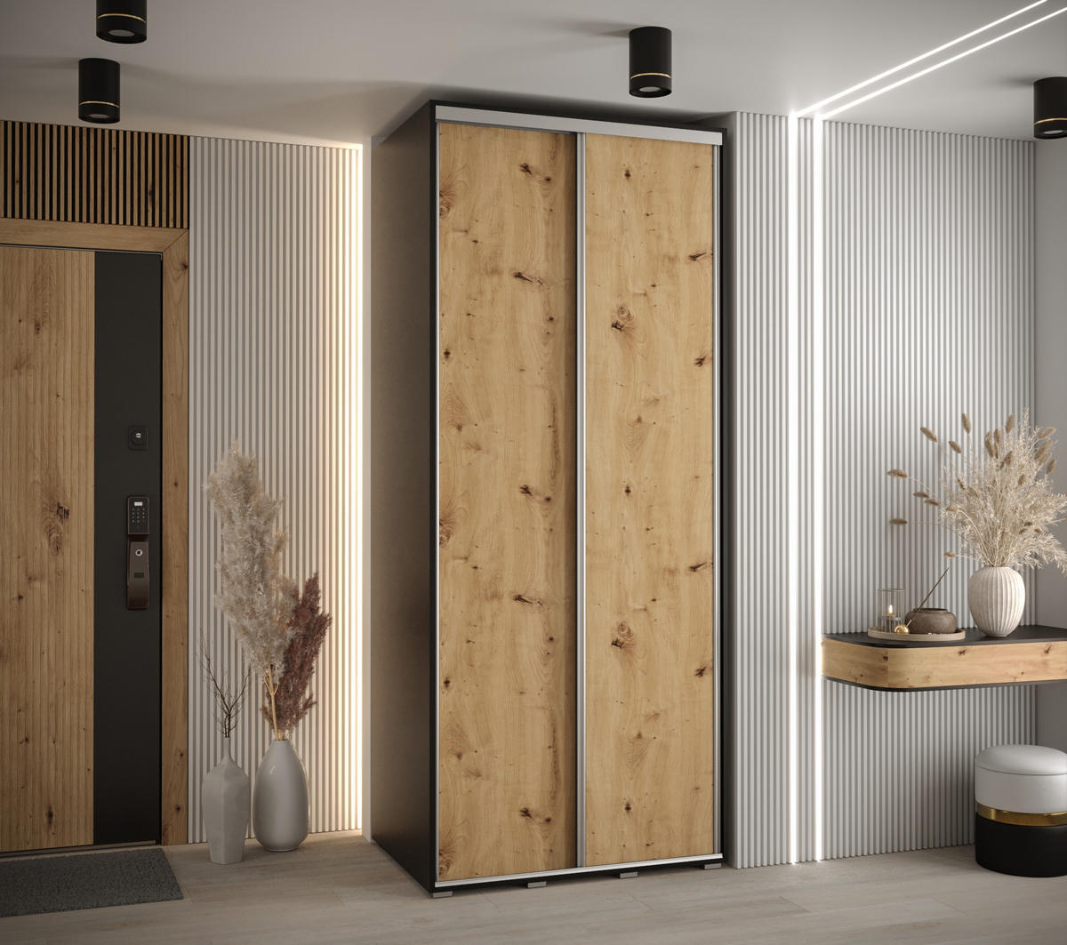 SCHWEBETÜRENSCHRANK 235,2/110/60 2-türig - Silberfarben/Schwarz, Holz/Metall (110/235/60cm) - Abiks Möbel