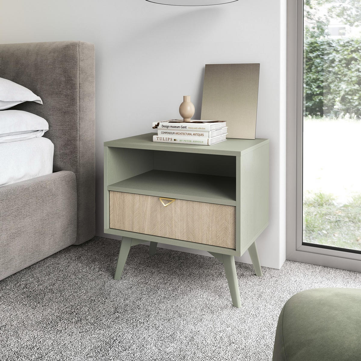 NACHTTISCH Silva in der Farbe Eukalyptus + Scandi-Fischgrätmuster mit Ablage und Schublade - Goldfarben/Grün, Holz/Holzwerkstoff (54/54/38cm) - Ravio