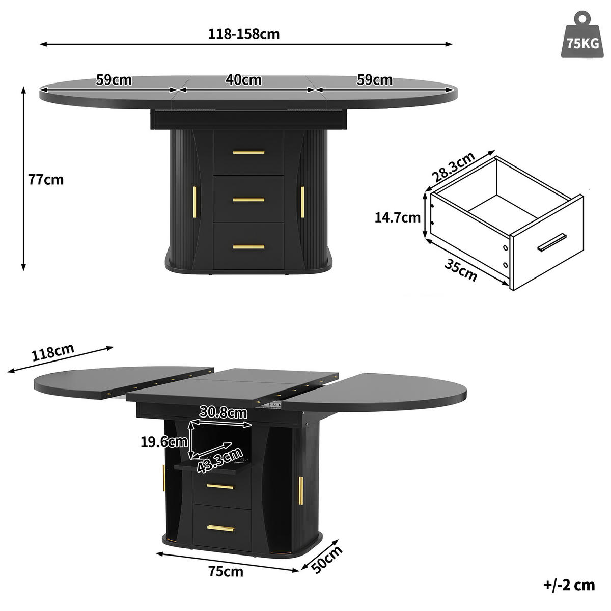 AUSZIEHTISCH 118-158/118/77 cm schwarz mit Stauraum und Klappmechanismus aus MDF - Schwarz, Holzwerkstoff (118/118/77cm) - OKWISH