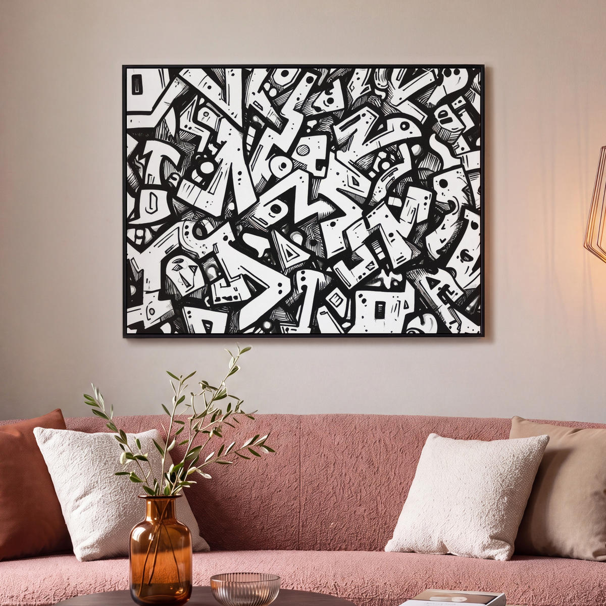 LEINWAND Bilder mit Rahmen - Formen - Buchstaben - Graffiti - Schwarz - 100x70 - Schwarz, Textil (100/70cm) - MuchoWow