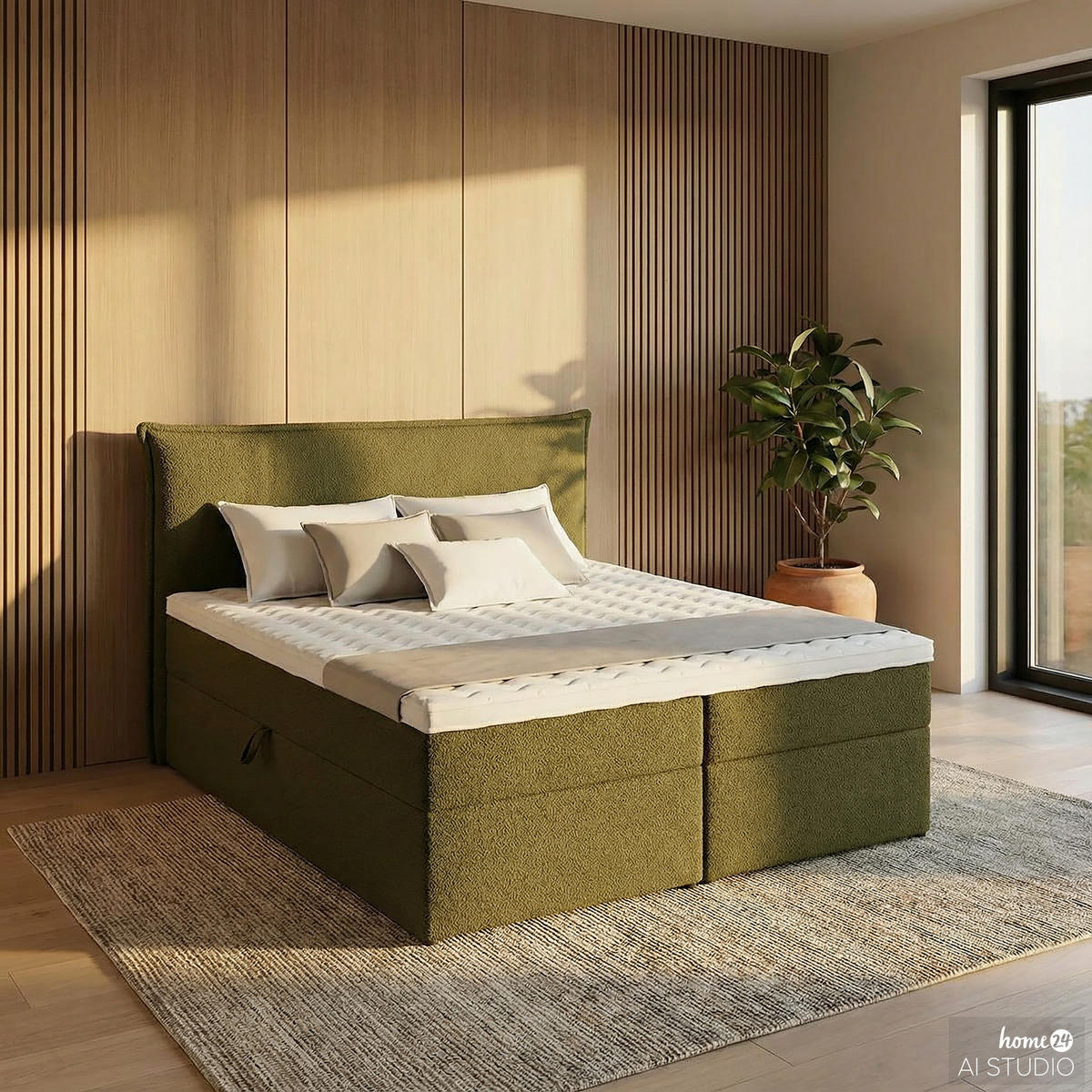 BOXBETT mit Stauraum - Bouclé - Olivgrün, Holzwerkstoff/Textil (180/200cm) - home24