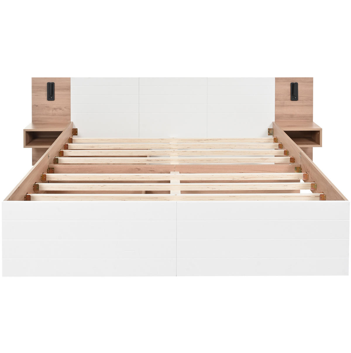 DVOULŮŽKO 140/200 cm bílé v dekoru světlého dubu z masivu a MDF s matrací USB a zásuvkami - bílá, kompozitní dřevo (140/200cm) - OKWISH