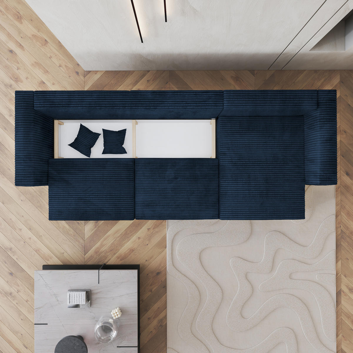 ECKSOFA TOLMO Blau Kordstoff mit Schlaffunktion - Blau, Holz (347/148cm) - MASSENO