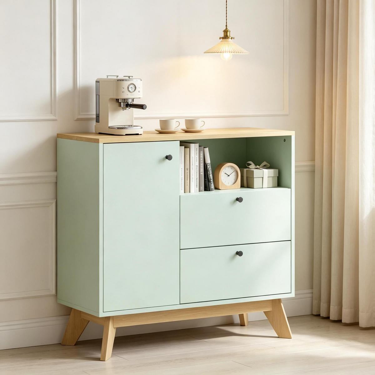 BUFFET DE-38816 80/35/76,3 cm mit 2 Schubladen und offenes Fach Hellgrün - Hellgrün, Holzwerkstoff (80/76.3/35cm) - ComfortXL
