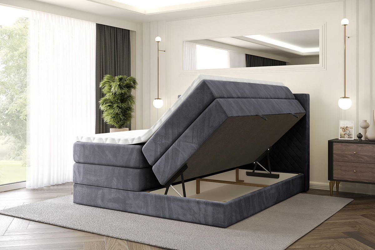 BOXSPRINGBETT mit Matratze H3|H4 und Lattenrost - VEXA KING-160x200 - Dunkelgrau Casablanca - Dunkelgrau, Holzwerkstoff (160/200cm) - ALTDECOR