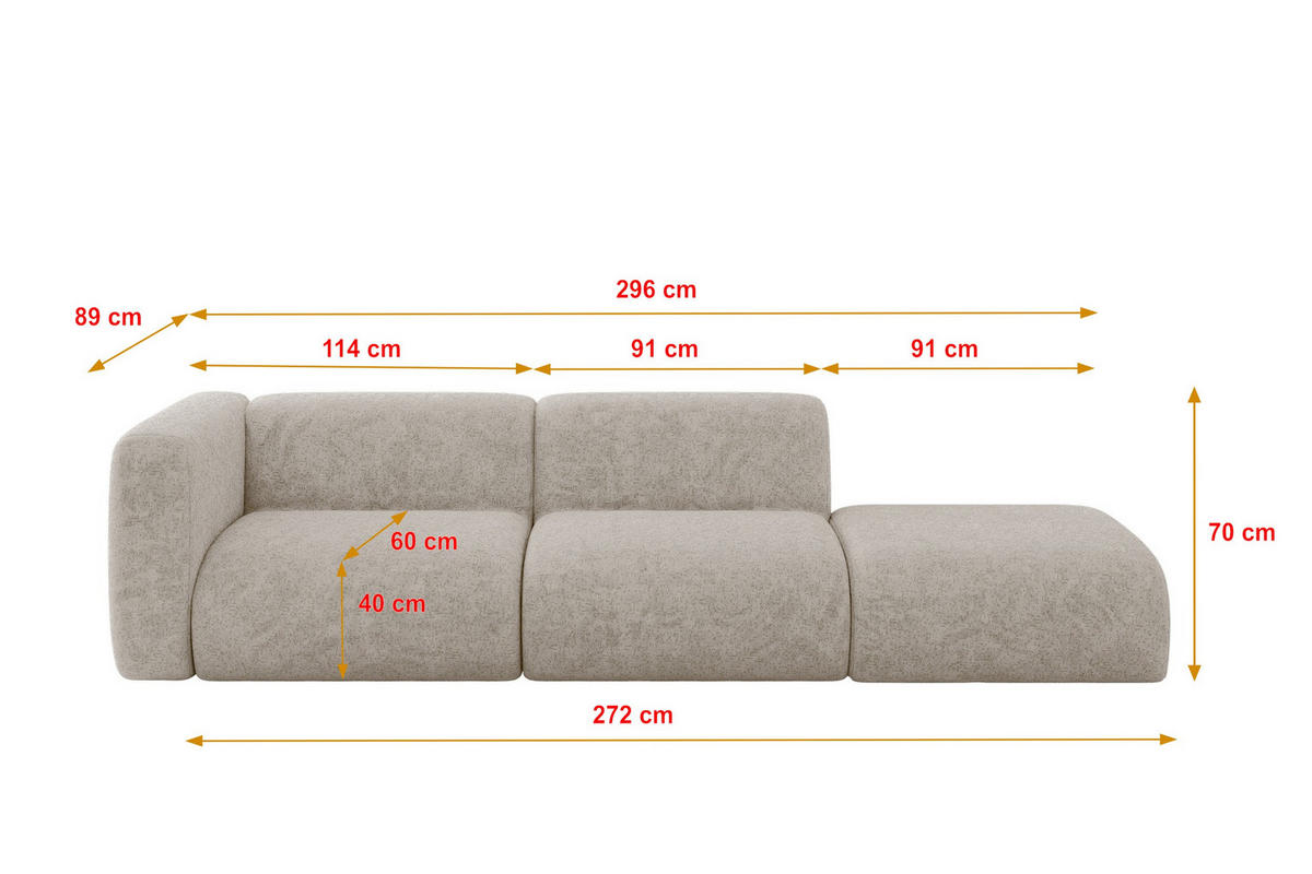 SOFA Ottomane Links MIRA-S3 296x89x70 Beige Velours - Beige/Schwarz, Holzwerkstoff/Kunststoff (296/70/89cm) - ALTDECOR