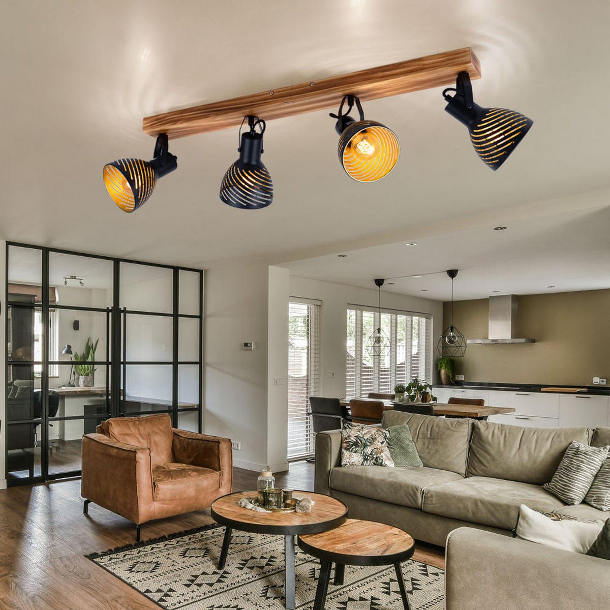 DECKENLEUCHTE Holz Metall Braun Schwarz Gold - Braun, Holz (80/12.5/25cm) - Globo Lighting