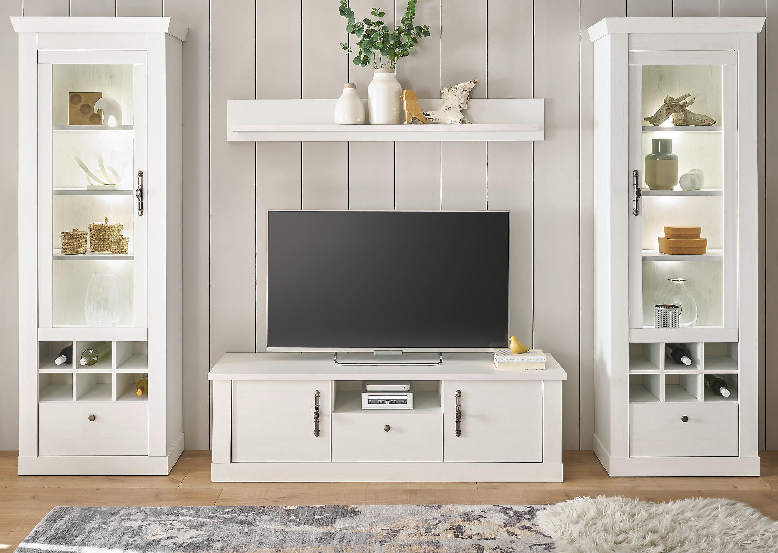 WOHNWAND weiß Pinie Landhaus, Set 4-teilig mit Soft-Close und Beleuchtung - Weiß, Holzwerkstoff/Kunststoff (322/201/45cm) - Furn.Design