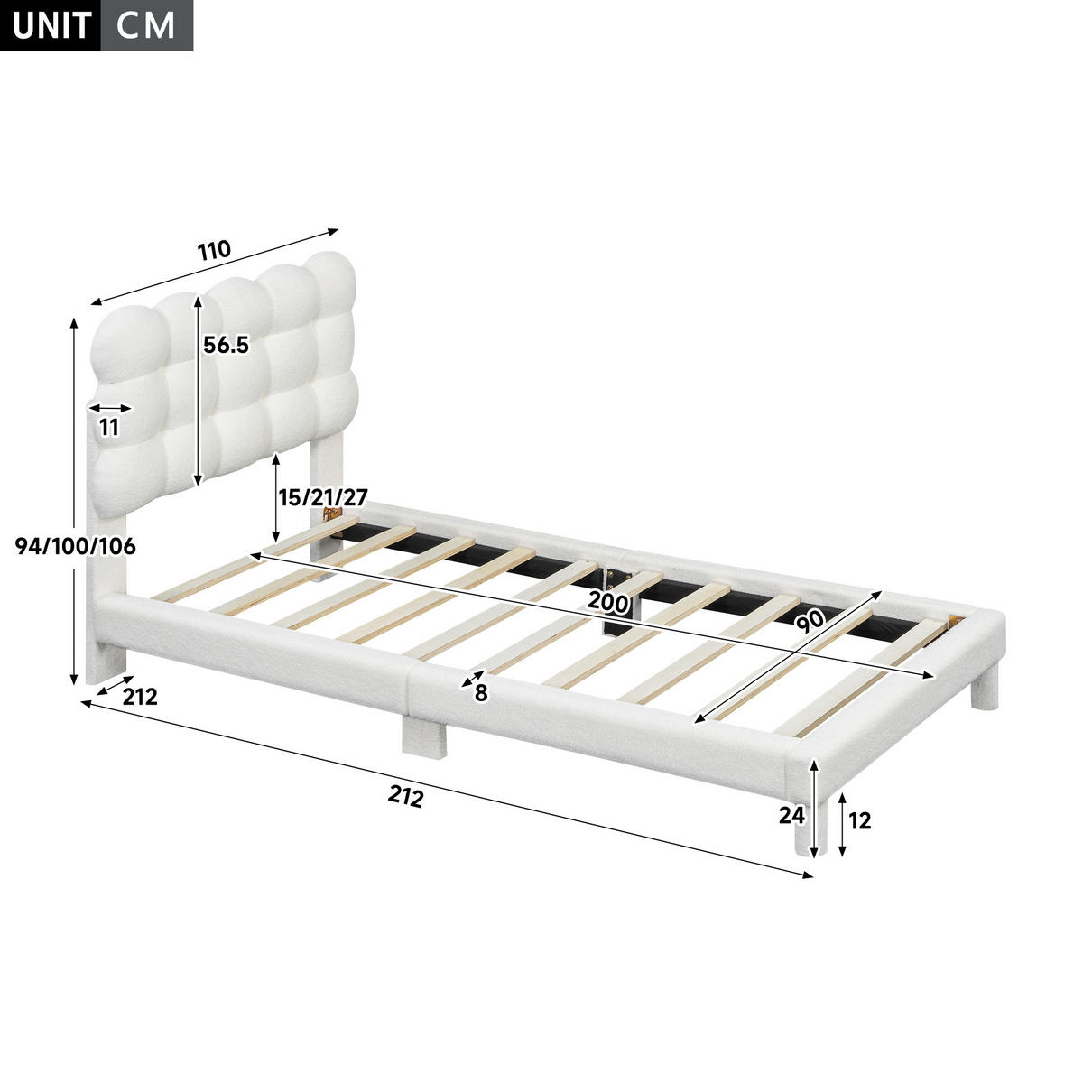 POLSTERBETT aus Plüsch 90x200 cm in Weiß mit verstellbarem Kopfteil - Weiß, Textil (90/200cm) - Modfu