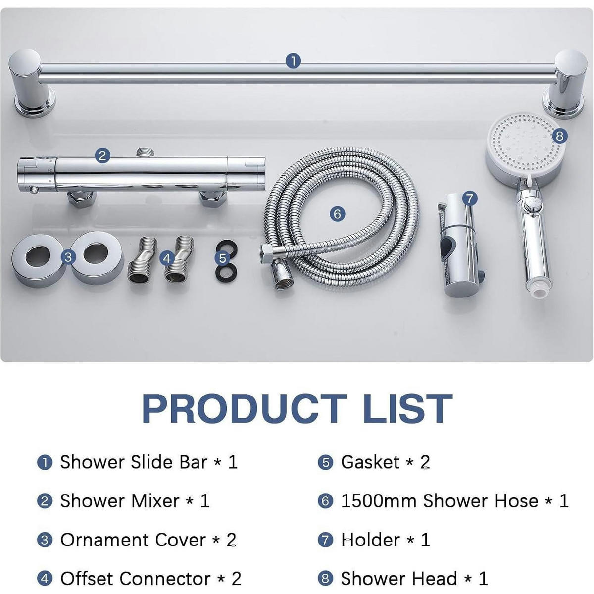 DUSCHARMATUR Set mit Thermostat und Handbrause 635mm Duschstange Chrom - Silberfarben, Metall (30/10.5/61.5cm)