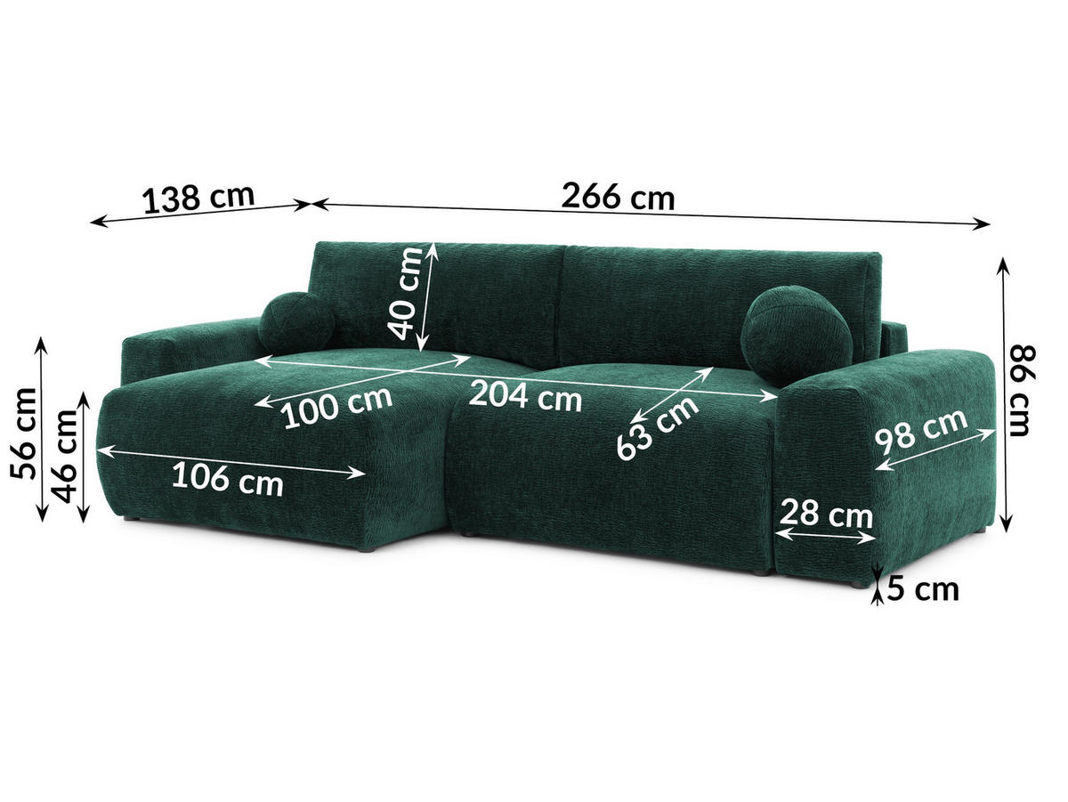 ECKSOFA Puffy mit Schlaffunktion und Bettkasten - besonders weich und puffig aus Grün Stoff mit Chenillestruktur - Ottomane links - Schwarz/Grün, Holz/Kunststoff (138/266cm) - S-Style Möbel