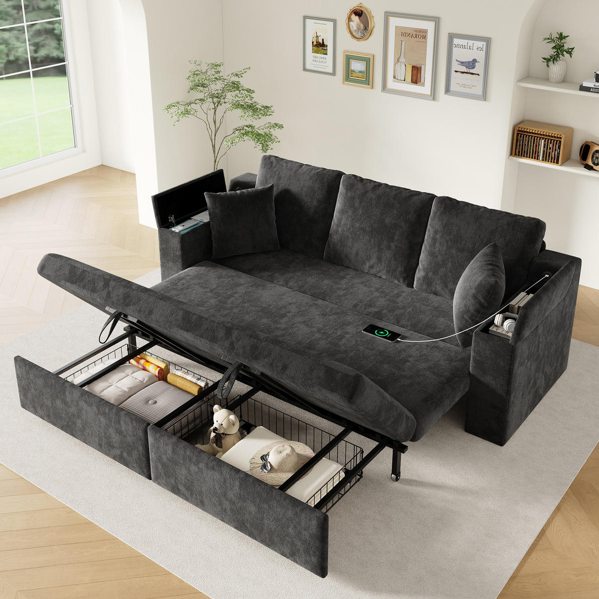 SCHLAFSOFA mit Schlaffunktion, USB, Stauraum, Grau, 210,5/192/93 cm - Grau, Textil (210.5/93/192cm) - EVRYAE